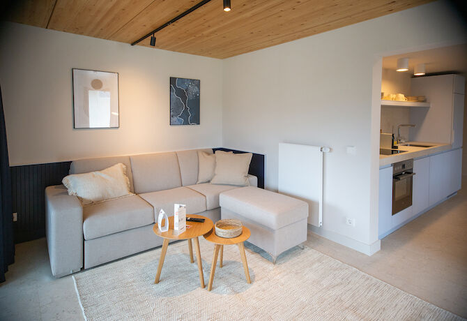 Stuub Schluchsee Wohnbereich Sofa Kuechenzeile
